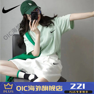 耐克（NIKE）品牌运动套装女2024夏季短袖t恤宽松纯棉显瘦休闲时尚短裤两件套 绿色+白裤 衣裤-3XL 185-210斤