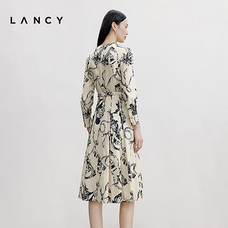 朗姿/LANCY2024秋真丝优雅收腰法式印花长袖A字连衣裙子女 米白色 S