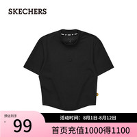 斯凯奇（Skechers）七夕情人节礼物夏季新款女短袖圆领黑色舒适修身T恤L224W064