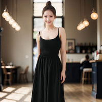 FOURDATRY黑色吊带连衣裙女法式复古气质收腰内搭长裙高级感美背名媛小黑裙 黑色 L