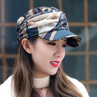 花九卿遮白发帽子薄款五十岁女士帽四季料花朵田园风褶皱鸭舌帽平顶帽 蓝咖 均码54-58CM可调节