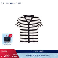 TOMMY HILFIGER24春夏童装女撞色条纹刺绣纽扣V领短袖上衣TH2422813 黑白条纹654 5/110cm