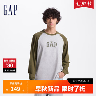 Gap男装2024初秋纯棉撞色插肩袖字母印花百搭长袖T恤609276 灰色 175/96A(L) 亚洲尺码