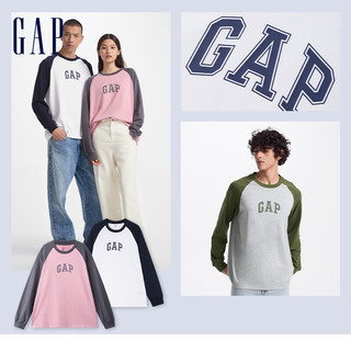 Gap男装2024初秋纯棉撞色插肩袖字母印花百搭长袖T恤609276 灰色 175/96A(L) 亚洲尺码