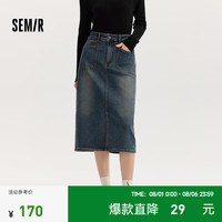 森马Semir森柔牛仔|牛仔半身裙女开叉2024秋季直筒裙复古 牛仔黄泥染80325 160/66A/M