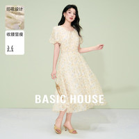 百家好（Basic House）夏季新款纯色休闲设计感优雅圆领短袖连衣长裙B0624B5S742 米黄