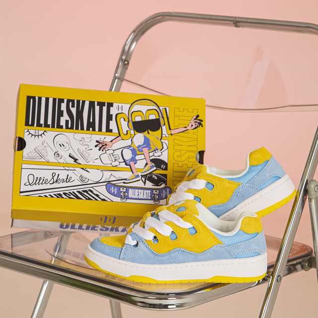ollieskate 顽刻 面包鞋女蓝黄拼接春夏BAKE翻毛皮低帮运动休闲滑板鞋学生男 36.5