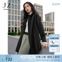 玖姿·安娜蔻拉链抽绳风衣外套女2024秋季 素黑 L