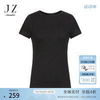玖姿·安娜蔻简约基础款休闲舒适醋酯纤维圆领短袖T恤2024夏季 素黑 L