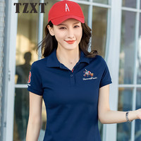 TZXT潮牌轻奢休闲运动短袖polo衫女修身夏季显瘦翻领半袖t恤上衣 宝蓝 5XL (136-145斤)