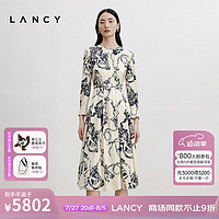 朗姿/LANCY2024秋真丝优雅收腰法式印花长袖A字连衣裙子女 米白色2 XL