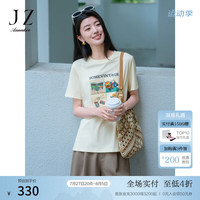 玖姿·安娜蔻美式轻复古休闲圆领短袖T恤上衣女装2024夏季 浅黄 L