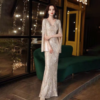 诺丽缇宴会晚礼服裙女2024气质长袖年会主持人长款鱼尾轻奢小众高端 香槟色长款 M