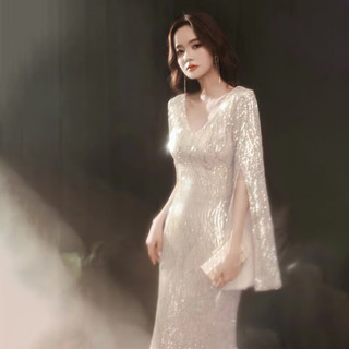诺丽缇宴会晚礼服裙女2024气质长袖年会主持人长款鱼尾轻奢小众高端 香槟色长款 2XL