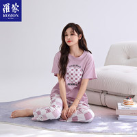罗蒙(ROMON)睡衣女夏季纯棉休闲格子短袖长裤可外穿家居服套装 紫色