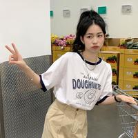 唐狮 TONLION短袖T恤女2024夏季圆领前胸线条图案撞边设计上衣学院风