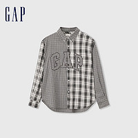 Gap 盖璞 男士纯棉刺绣logo格纹拼接长袖衬衫 635882 黑色 S