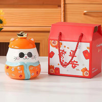 三多九如  马克杯带盖陶瓷杯高颜值咖啡杯可爱招财猫早餐杯 橙色福猫马克杯【礼盒款】