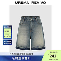 URBAN REVIVO UR2024秋季女装高街洗水磨白斜纹毛边牛仔短裤UWJ840075 蓝色 26