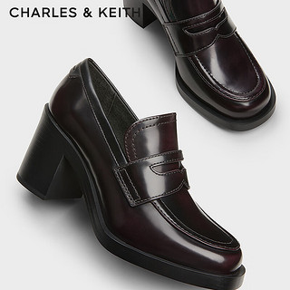 CHARLES&KEITH24秋CK1-60361534时尚学院风高跟单鞋乐福鞋女 Burgundy葡萄酒红色 37