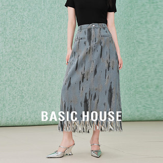 Basic House/百家好复古水墨风流苏牛仔半身裙夏高腰A字裙子 浅绿色 L