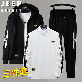 JEEP SPIRIT吉普套装男春秋运动夹克卫衣休闲裤三件套大码男装 黑红色 3XL  3XL-（150斤-170斤）