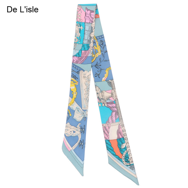 De L'isleDe Lisle 真丝女士丝巾细窄长条领巾小围巾飘带腰带绑包丝带发带 湖蓝