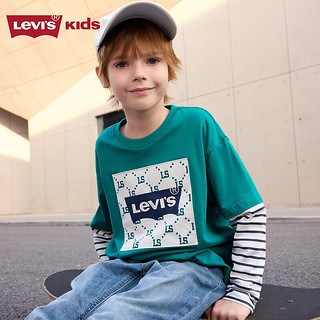 Levi's李维斯童装2024秋季男童假两件上衣儿童纯棉长袖t恤潮 水鸭绿 150/72