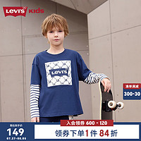 Levi's李维斯童装2024秋季男童假两件上衣儿童纯棉长袖t恤潮 深靛蓝 160/80