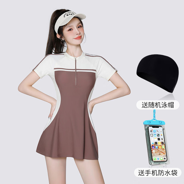F.DYRAA 梵迪拉 泳衣女款温泉连体裙式游泳馆女士游泳衣保守显瘦泳装14003咖色3XL