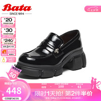 Bata乐福鞋女2024秋季学院英伦风牛皮粗跟通勤单鞋46010C 黑色 37