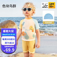 欧孕儿童泳衣男童女童泳衣裤宝宝小童婴幼儿泳装游泳套装 色块鸟群【分体+送同款泳帽】 100cm 【身高90-100cm】