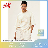 H&M女装T恤2024夏时尚柔软棉质落肩大廓形印花短袖上衣1206236 浅米色/Orlando 155/76