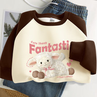 班尼路2024早秋基础款圆领卫衣女宽松撞色设计感打底衫上衣潮 咖啡-粉色小羊 XL