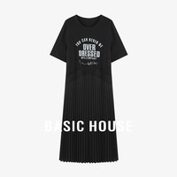 百家好(Basic House)夏季字母印花圆领连衣裙蕾丝拼接直筒百褶裙女B0624S58222 黑色 M