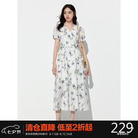 太平鸟女装法式印花连衣裙夏时尚收腰茶歇裙V领度假长裙 蓝色纹样 S