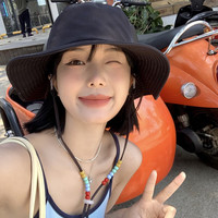 乐卡利 渔夫帽防晒 女士大帽檐遮阳帽 串珠防风绳户外旅行 夏季可折叠 串珠防风绳黑色渔夫帽
