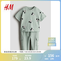 H&M2024夏季童装男婴幼童棉质T恤和慢跑裤2件式套装1240270 浅灰绿色/米奇老鼠 66/48