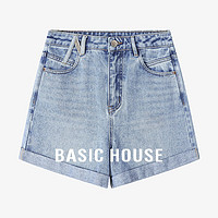 Basic House/百家好复古卷边水洗牛仔短裤子夏季高腰显瘦直筒热裤 浅蓝色 L
