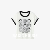Basic House/百家好卡通撞色短袖针织衫夏季减龄字母圆领T恤2024