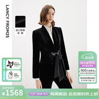 朗姿高级感丝绒气质V领修身收腰西服外套2024年冬季新款西装上衣 黑色