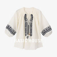 Basic House/百家好复古风刺绣白色衬衫女夏系带流苏灯笼袖娃娃衫 白色 XL