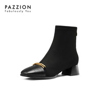 PAZZION女靴金属链真皮弹力靴秋冬款粗跟袜靴中跟增高靴子短筒靴