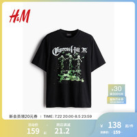 H&M男装T恤2024夏季印花棉质休闲透气直筒圆领短袖上衣1225609 黑色/Cypress Hill 180/124