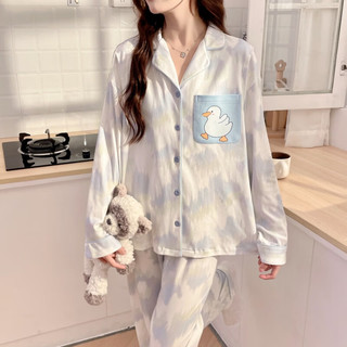 婧麒（JOYNCLEON）月子服怀孕期大码睡衣开衫长袖套装女时尚家居休闲服 蓝口袋鸭Jyz160698 XXXL码