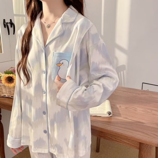 婧麒（JOYNCLEON）月子服怀孕期大码睡衣开衫长袖套装女时尚家居休闲服 蓝口袋鸭Jyz160698 XXXL码