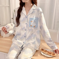 婧麒(JOYNCLEON)月子服怀孕期大码睡衣开衫长袖套装女时尚家居休闲服 蓝口袋鸭Jyz160698 XXXL码