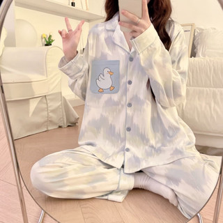婧麒（JOYNCLEON）月子服怀孕期大码睡衣开衫长袖套装女时尚家居休闲服 蓝口袋鸭Jyz160698 XXXL码