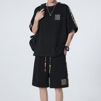 引异国潮中国风复古短袖t恤套装男夏季休闲运动服潮牌男生一套衣服 黑色 L