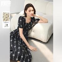 2024夏装优雅方领撞色蝴蝶结印花胸口打揽纯棉女式中长连衣裙
